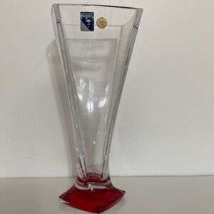 Macryl Bohemia 24% Cut Crystal Vase with Red Base 11” Tall no box